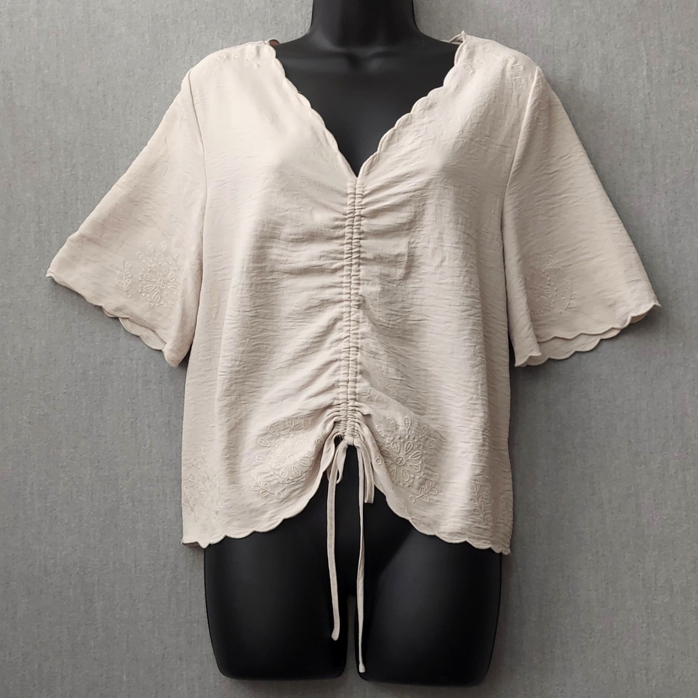 Adrianna Papell Top Women S Cream Scalloped V-Neck Ruched Drawstring Boho Blouse